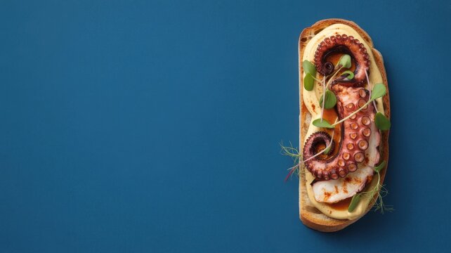 Grilled octopus tentacle on toasted bread with creamy spread and microgreens
