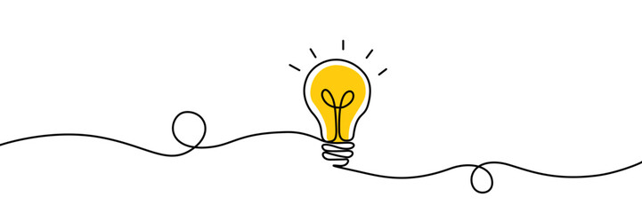 A bright yellow lightbulb symbolizing a new idea, drawn with a thin black line on a clean white background, representing creativity and inspiration. © Mdbajlar