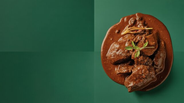Slow cooked beef rendang with thick brown sauce on a dark green background