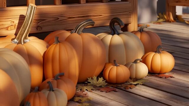 Pan tracking shot of pumpkins arranged on wooden porch deck with fallen autumn leaves warm sunlight and shallow depth