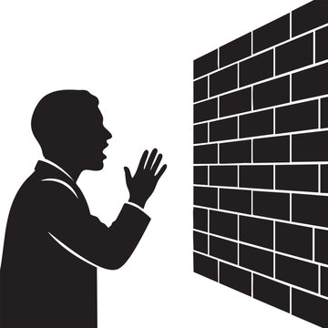 Silhouette Man Yelling at Brick Wall Frustration Communication Barrier Obstacle Challenge