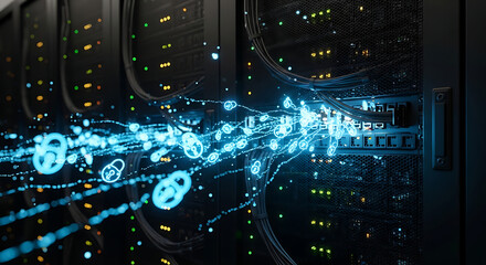 Obraz premium High-speed data streams illuminating modern server racks in a secure data center, symbolizing advanced network infrastructure and digital information flow