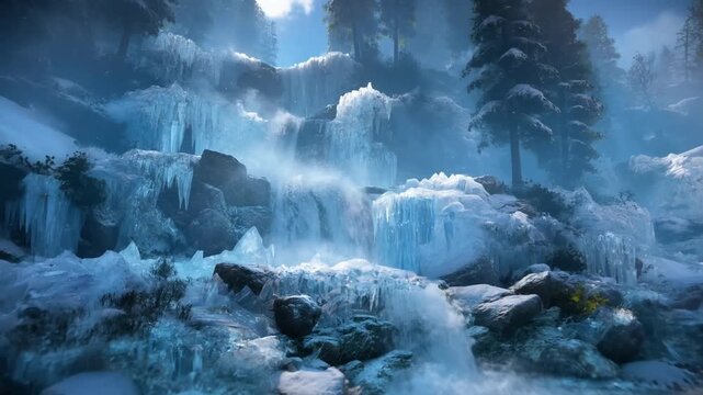 Slow motion tracking pan of partially frozen waterfall cascading through snow covered rocks and pine forest in mountain valley during winter morning mist