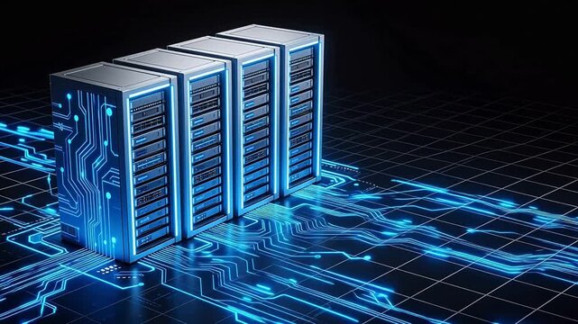 Server racks with glowing circuit paths