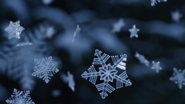 Slow motion close up of snowflakes falling and drifting over dark blurred forest background at night
