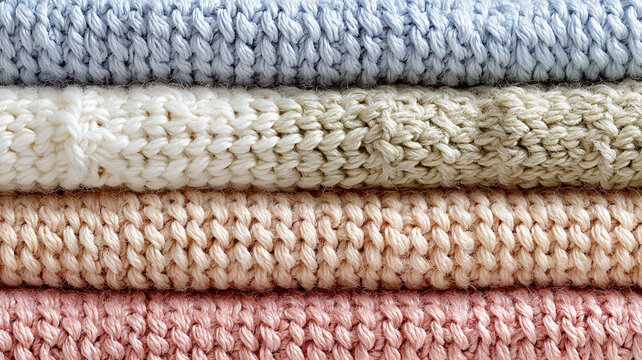 Pile of cozy light knitted clothes and blankets for cold weather. Comfort organic sweaters and plaids. Hygge style idea. Pastel colors. Knitted wool sweaters