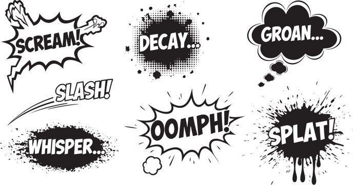 Horror Comic Sound Effects - Dark Grunge Speech Bubbles and Splat Vector Art