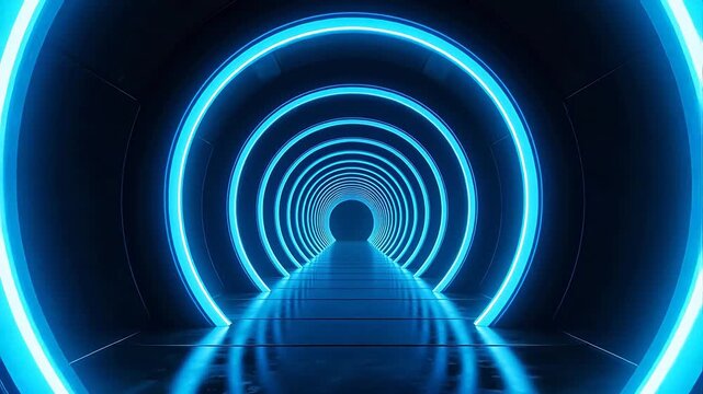 Blue neon tunnel with circular lights