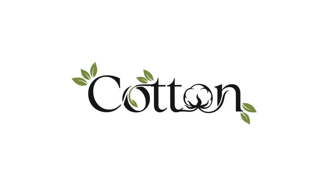 Creative cotton typography logo featuring soft leaf accents and stylized letters for natural fabric and organic product branding.