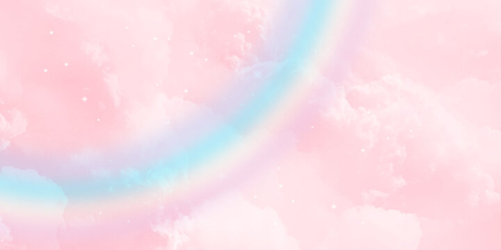 Bright beautiful pink sky with clouds and rainbow effect