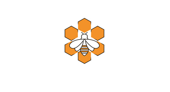 Minimalist bee logo design integrated with an orange honeycomb pattern representing nature honey and efficiency.