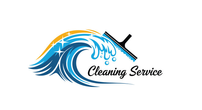 Professional cleaning service logo featuring a blue ocean wave and a window squeegee with sparkling stars.