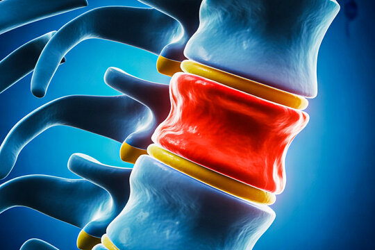 Close up 3d illustration of a human spine segment showing a healthy intervertebral disc with vibrant red pulp surrounded by blue vertebrae and yellow cartilage against a dark blue