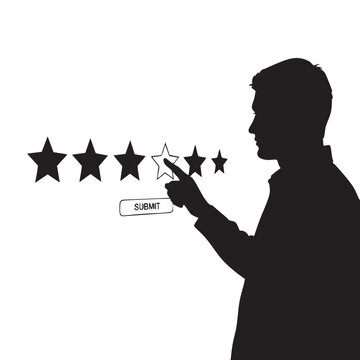 Customer Review Five Star Rating Silhouette Man Clicking Online Feedback Vector. User Experience Evaluation Digital Service Appraisal. Quality Assessment Online