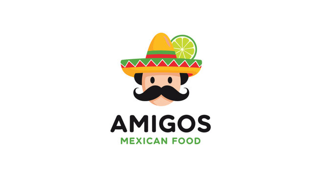 Amigos Mexican food logo featuring a friendly character with a mustache wearing a colorful sombrero and a lime.