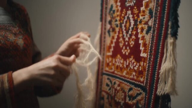 Hands Repairing Intricately Woven Rug