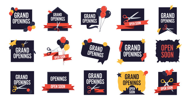 Large set of festive grand opening and open soon labels with ribbons balloons and scissors symbols for marketing events.