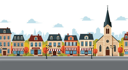 Naklejka premium Colorful street of charming traditional houses and a church in an autumn townscape illustration with fall foliage and shop fronts.