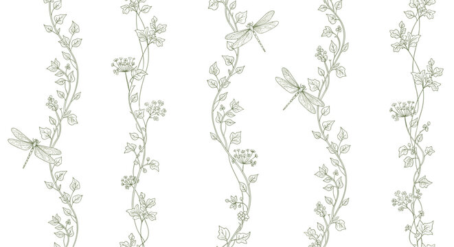 Seamless vector pattern featuring delicate green dragonflies and wild flower vines on a white background for textile and wallpaper.