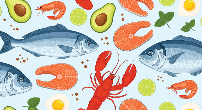 Seamless food pattern showcasing various types of seafood such as salmon steaks, whole fish, lobster, shrimp, avocado, and lime.