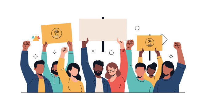 Large group of diverse people raise their fists and hold up blank placards in a peaceful protest for social justice and human rights.