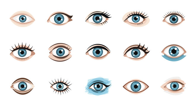 Large set of female eyes with different eyelash styles and colorful makeup eyeshadows presented in a grid on white.