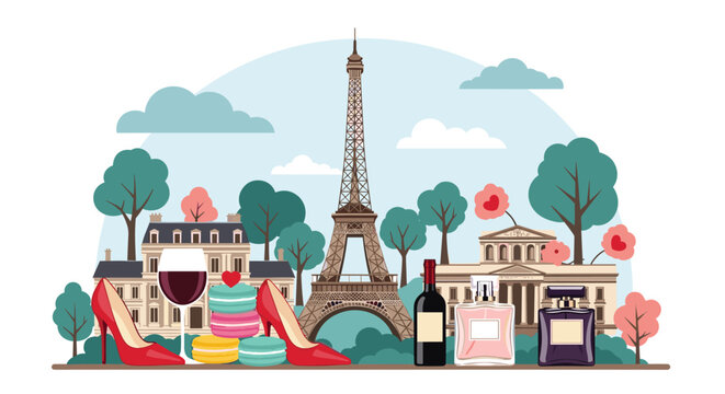 Paris cityscape featuring the Eiffel Tower surrounded by macarons, wine, perfume bottles, and red high heel shoes.