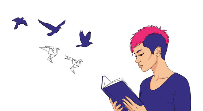 Young woman with bright pink hair reading a book while purple bird silhouettes and paper origami cranes fly around her in a creative scene.