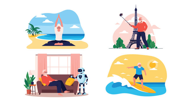 Four panels showing a senior man enjoying an active lifestyle through travel, yoga on the beach, surfing, and receiving robot home care.