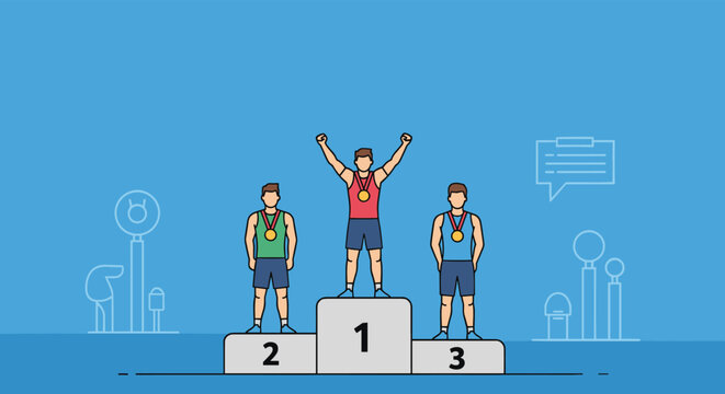 Three male athletes standing on a winner podium with gold, silver, and bronze medals celebrating their victory in a sports competition.