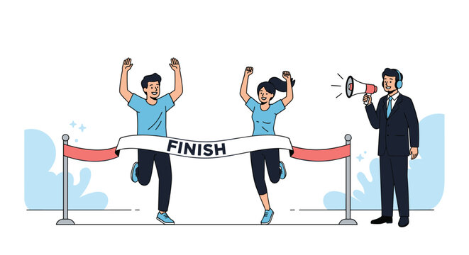 Male and female runners cheering as they cross the finish line of a marathon while an official in a suit announces with a megaphone.