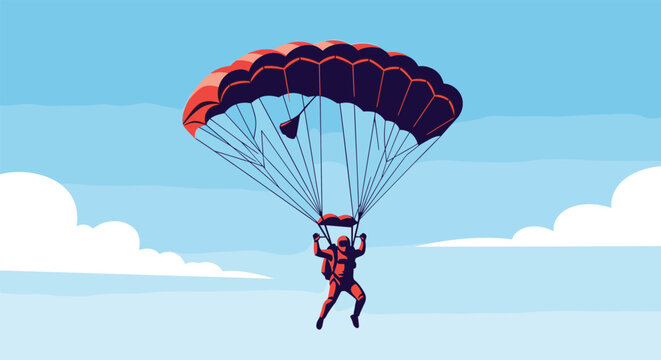 Brave skydiver descending through a clear blue sky with a large red parachute against white fluffy clouds.