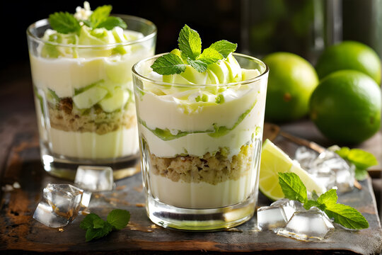Gourmet key lime parfait in glasses with layers of cream, citrus curd, and crumble. Garnished with fresh mint and lime, served on a dark rustic background with ice cubes for a fresh summer look.