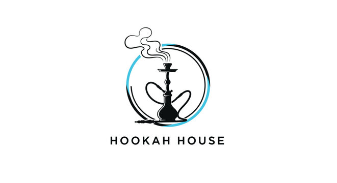 Hookah House logo featuring a black silhouette of a shisha pipe with rising steam inside a blue and black frame.