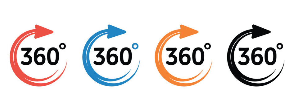 360 degree icon, red blue orange black variants, rotation arrows symbols, full circle view concept, vector illustration