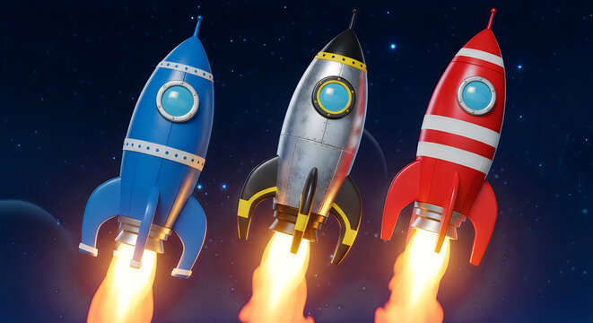 Three colorful rockets launching into space with fire flames illustration