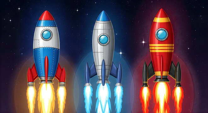 Three colorful space rockets launching into starry night sky illustration