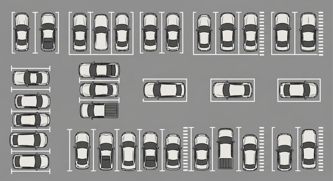 Top view of a parking lot with many cars parked.