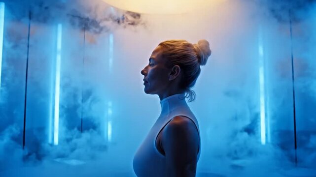 Woman receiving cryotherapy treatment in a modern high tech chamber with blue lights and cold vapor