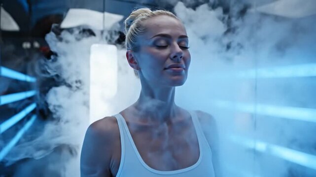 Woman sitting in futuristic cryotherapy chamber with cold nitrogen vapor and blue neon lights