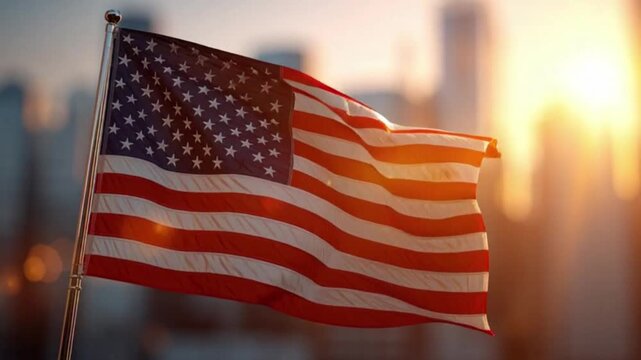 American flag waving at sunset with warm golden light over city skyline