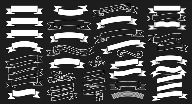 Large set of white vintage ribbons scrolls and banners on black background offers versatile design elements for elegant typography projects.