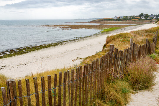 Peaceful Breton coast near Audierne and Plouhinec, with sandy dunes, a wooden fence, calm shoreline, seaweed, distant seaside houses, and wild coastal grasses.