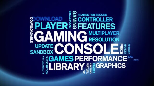 Gaming Console animated word cloud-gross domestic product animation tag kinetic typography seamless loop.
