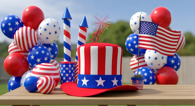 Patriotic parade float with stars, balloons and American flags illustration