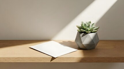 Fototapeta premium Face Mask Packet On Wooden Shelf Alongside Small Succulent Plant Creating Calm Skincare Ambiance, Minimal Self Care Corner, And Relaxing Home Wellness Mood