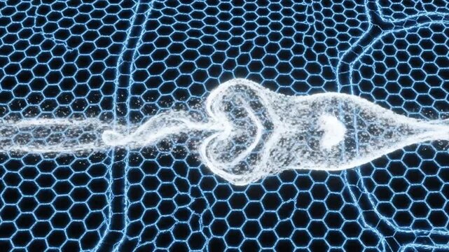 White Jet Streaming Across Hexagonal Lattice, Luminous Particles Form Twisting Vortices And Paired Eddies, Wireframe Background Emphasizes Engineered Graphene Grid, Highspeed Flow Simulation Evokes