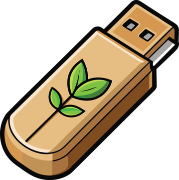 Eco-friendly USB flash drive with green leaf design on beige background for Eco-Friendly Tech, Perfect for Adobe Stock Eco-Friendly Branding and Environmental Awareness Campaigns