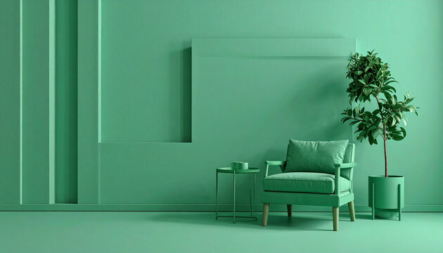 "Monochromatic Green Interior with Armchair and Plant"