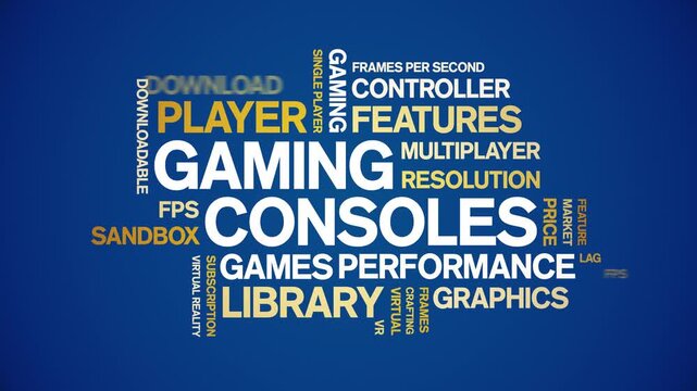 Gaming Consoles animated word cloud-gross domestic product animation tag kinetic typography seamless loop.